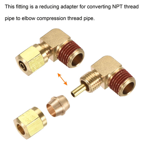 Two brass 90-degree elbow compression fittings, 1/4 NPT x 1/4 in. tube OD, pack of 2, shown disassembled.