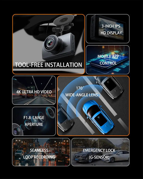 4K Front And Rear Dash Cam For Cars With 1080P Rear Camera Built In Wi Fi And App Control 32GB Card Included features