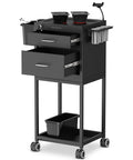 Rolling Salon Trolley Cart With Wheels Lockable Metal Storage Two Drawers And Magnetic Bowls Mobile Hair Stylist Station For Tools Organization Barber And Tattoo Supplies Heavy Duty Steel Black - front view with open drawers.