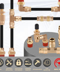 Fifty Feet One Quarter Inch Air Line Kit With Brass Fittings For Your Truck And SUV Rig Air Bag Suspension Includes Tee And Straight Fittings 360 Degree Swivel Elbows Inflation Valves Tube Cutter And NPT Threads, showing brass fittings and black hoses.