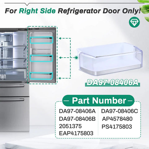 2 Pack Right Side Refrigerator Door Bin Shelf Replacement For Samsung RF4287 RF4289 Fits DA97-08406A shown on fridge door.