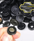 Heavy Duty Black Plastic Hinged Screw Cap Covers For 6 And 8 Hardware 150 Pack in hand showing screw protection and tidy appearance.