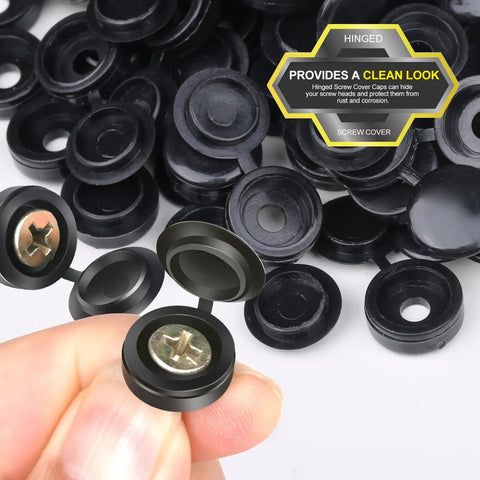 Heavy Duty Black Plastic Hinged Screw Cap Covers For 6 And 8 Hardware 150 Pack in hand showing screw protection and tidy appearance.