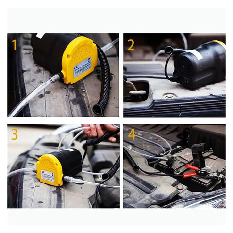 Versatile 12V 60W Fluid Extractor Pump For Cars And Boats With Matching Tubes To Suck Oil, Gasoline, Or Water Fast From Your Engine Bay For Quick Outdoor Maintenance Work Today in action on a vehicle.