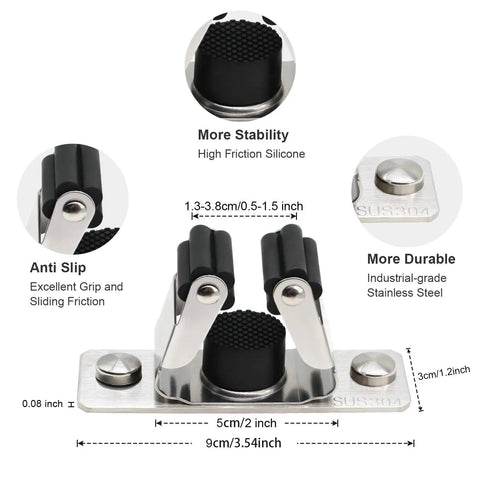 Dimensions and features of Heavy Duty Stainless Steel Mop And Broom Holder Wall Mount 2 Pack Broom Hanger Organizer.