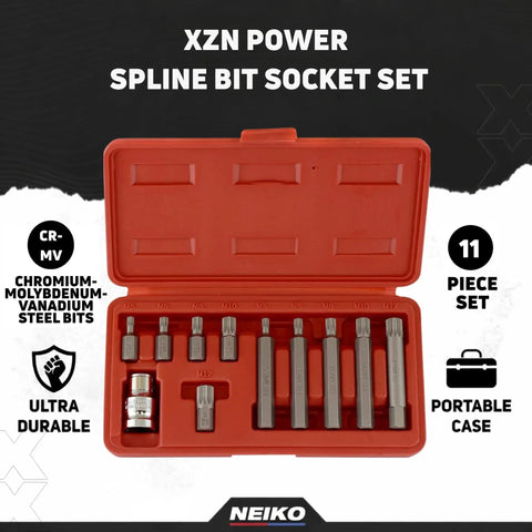 XZN Triple Square Socket Set 11 Pc Long And Short 12 Point CrV Steel Spline Bits For European Cars in open red case