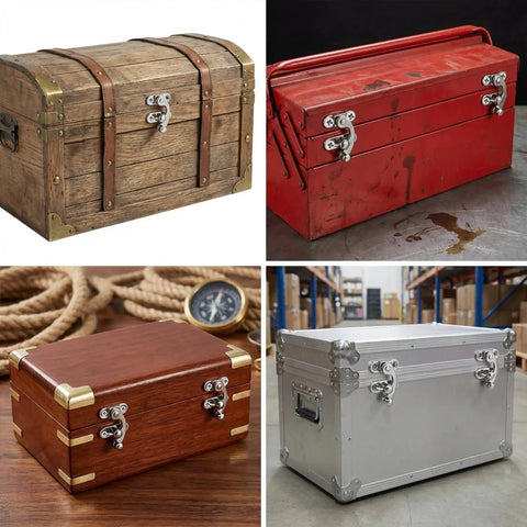 Dope Antique Style Hasp Latch 2 Piece Set With All Needed Screws For Jewelry Boxes And Toolboxes on wooden and metal storage chests.