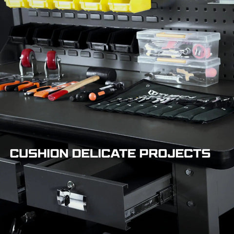 Heavy Duty Workbench Mat 60 By 24 Inches 5mm Thick EVA Rubber Surface Protector on garage table with tools