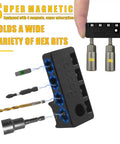 Magnetic One Quarter Inch Hex Bit Holder For Cordless Drills With Four Strong Magnets holding various hex bits.