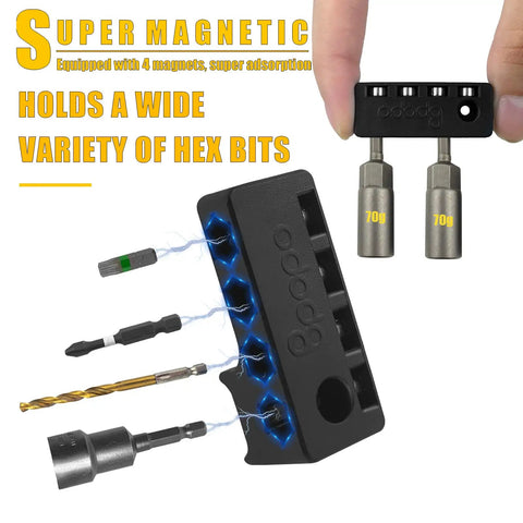 Magnetic One Quarter Inch Hex Bit Holder For Cordless Drills With Four Strong Magnets holding various hex bits.
