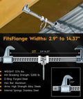 Portable Aluminum Horizontal Sliding Beam Anchor For Construction Safety Adjustable I Or H Beam Clamp With Carry Bag No Sweat Setup showing 2.9" to 14.37" fit range.