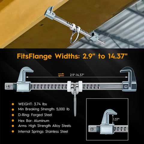 Portable Aluminum Horizontal Sliding Beam Anchor For Construction Safety Adjustable I Or H Beam Clamp With Carry Bag No Sweat Setup showing 2.9" to 14.37" fit range.