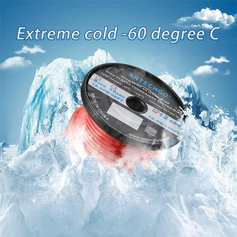 Red 12 Gauge Silicone Wire Spool, 100 Ft Flexible Stranded Tinned Copper Wire in icy environment, promoting cold resistance (-60°C).