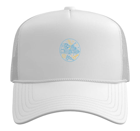 Crank Up Your Style With A Cool White Machinist Trucker Hat Perfect For CNC Guys Or Gear Heads with a graphic front design.