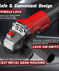 Beast Pro Grade 7.5 Amp Angle Grinder 4 1/2 Inch showing spindle lock, lock-on switch, and cast metal gear housing.
