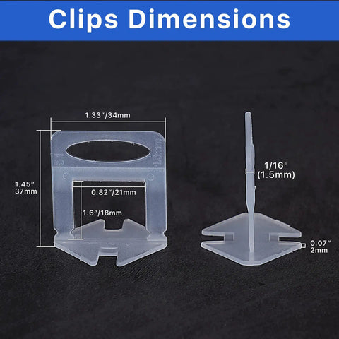 Dimensions of DIY Tile Leveling System Clips and Spacers Kit, 2100 Pieces, 1/16 Inch Gap, for Ceramic Tile and Stone Installation.
