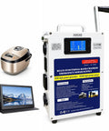 Off Grid Power On The Go Hand Crank Generator With 150W And 500W Modes next to tablet and appliance