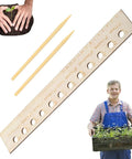 Seed Spacers Planting Tool Garden Seed Planter Ruler with 2 Wooden Stakes for precise planting displayed with gardener