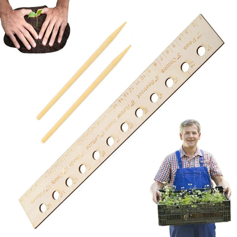 Seed Spacers Planting Tool Garden Seed Planter Ruler with 2 Wooden Stakes for precise planting displayed with gardener