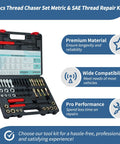 Heavy Duty 49 Piece Thread Chaser Kit With 22 Taps And 24 Dies Plus 3 Thread Files shown in open case displaying tools.