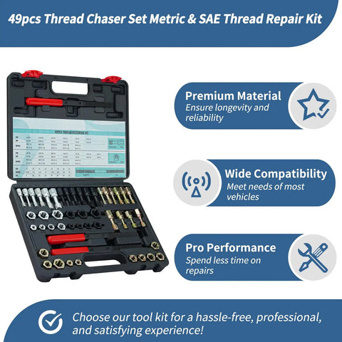 Heavy Duty 49 Piece Thread Chaser Kit With 22 Taps And 24 Dies Plus 3 Thread Files shown in open case displaying tools.
