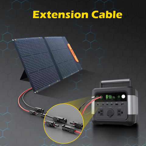 3 Ft Solar Extension Cable 12AWG with male and female connectors linking solar panel and power supply, red and black cables