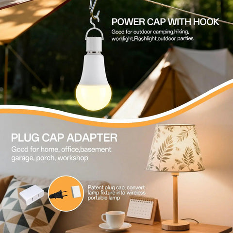 Rechargeable Emergency Light Bulb Battery Powered 9W LED 850 Lumens Soft White 3000K E26 120V UL Listed 4 Pack For Power Outages Camping Reading Hurricane Prep hanging in a tent, lamp on table