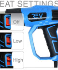 Blaze Turbo 3 Second Warm Up Rapid Heat 1500 Watt Corded Heat Gun with base stand, showing heat settings: off, low, high.
