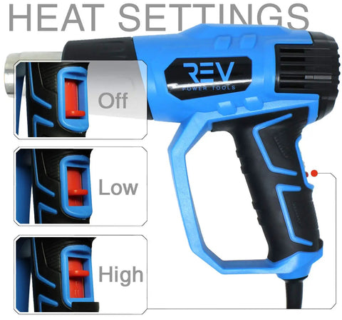 Blaze Turbo 3 Second Warm Up Rapid Heat 1500 Watt Corded Heat Gun with base stand, showing heat settings: off, low, high.