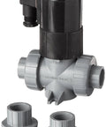 3/4 Inch Cpvc True Union Solenoid Valve With Fpm Seals and Heavy Wall Plastic Body Featuring Corrosion Resistant Coil for Heavy Duty Continuous Operation and Smooth Flow With Easy Hookup and Zero Fuss Maintenance displayed with installation fittings.