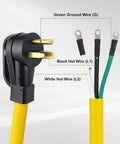 Close-up of Three Foot 6/3 Awg Nema 6-50P Pigtail Power Cord showing prongs and colored wires for electrical connections.