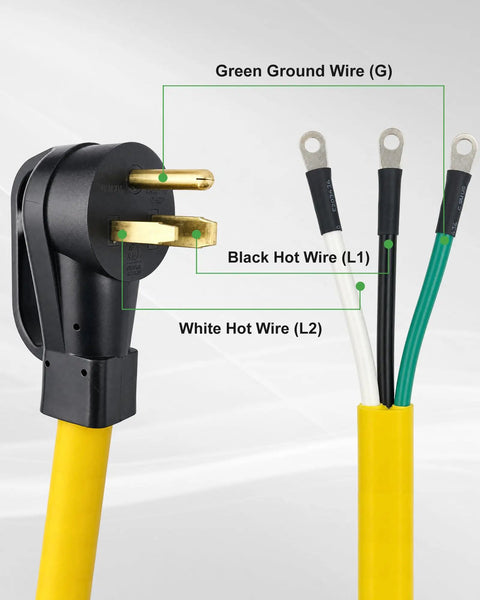 Close-up of Three Foot 6/3 Awg Nema 6-50P Pigtail Power Cord showing prongs and colored wires for electrical connections.