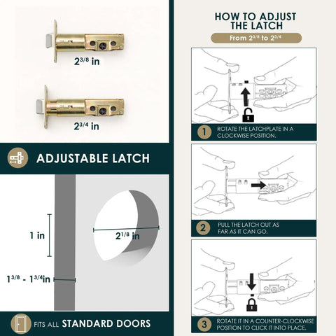 Diagram of heavy duty square deadbolt lock for left or right handed doors in brushed nickel with adjustable latch.