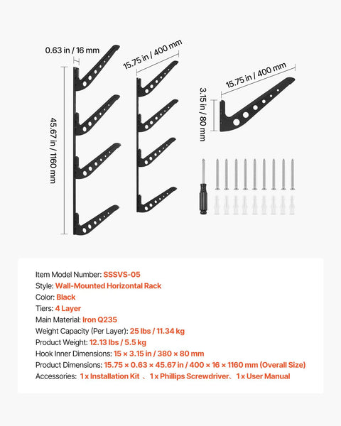 Badass 4 Tier Horizontal Surfboard Wall Mount Rack Adjustable Height Metal Organizer dimensions and accessories layout.