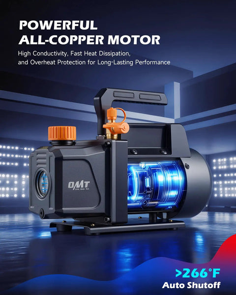 Heavy Duty Auto AC Vacuum Pump Kit With Four CFM One Third HP Motor features all-copper motor, designed for efficient heat dissipation.