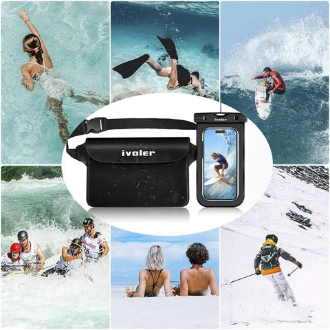 Two Pack Waterproof Fanny Pack And Phone Pouch Dry Bag Set For Passport Phone And Wallet Floating Case surrounded by outdoor activities