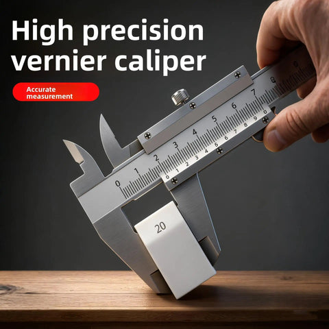 Pro Grade Stainless Steel Vernier Caliper 0-150mm 0-6 Inch with laser-etched scales measuring a block on wood surface