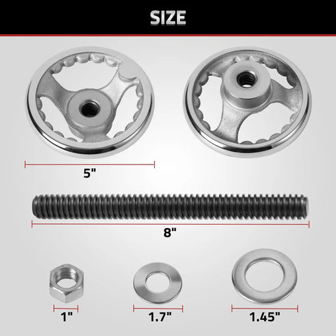 Moxon Vise Hardware Kit With Acme Threaded Rod System For Rapid Clamping And Smooth Operation Includes Five Inch Hand Wheel And Three Quarter Inch By Eight Inch Acme Screw Nut And Washer For DIY Woodworking Projects components displayed.