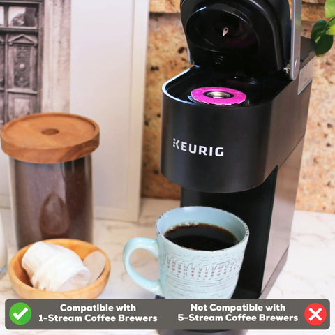 Stainless Steel Reusable K Cup For Keurig 1 Stream Coffee Pod With 25 Paper Filters in coffee machine with cup nearby