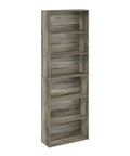 Six Tier Free Standing Closet Organizer In French Oak Finish with six flat shelves for vertical storage in bedroom.