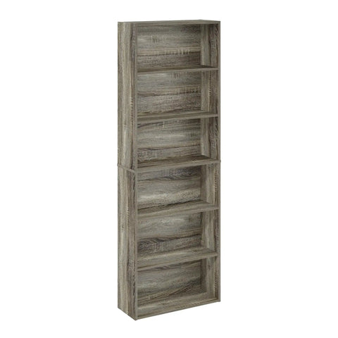 Six Tier Free Standing Closet Organizer In French Oak Finish with six flat shelves for vertical storage in bedroom.