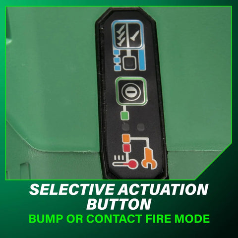 Close-up of selective actuation button on the 36V MultiVolt Cordless Plastic Strip Framing Nailer Kit With 2.5Ah Battery