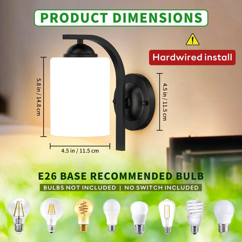 Top Tier Modern Farmhouse Wall Sconces With Solid Matte Black Frame And Soft Diffused Glass Shade Hardwired Vanity Light Fixture dimensions showing sconce size.