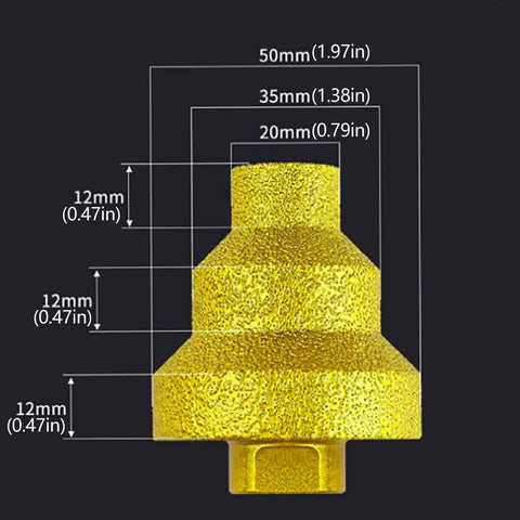 Front view of gold diamond brazed step drill bit with 20/35/50 mm steps for concrete, tile, marble.