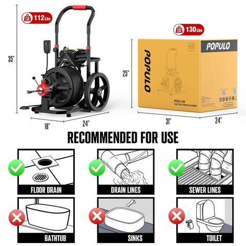 100 Foot Auto Feed Electric Drain Snake Auger For 2 To 4 Inch Pipes Beast Mode Sewer Clog Crusher Machine dimensions and recommended uses.