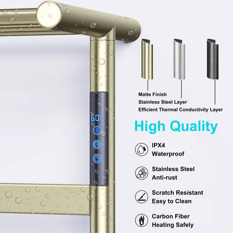 Brushed Gold Stainless Steel 4 Bar Wall Mounted Towel Warmer With Top Shelf Smart Timer Delivers Quick Heat In Minutes 131 To 141°F.