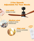 Diagram of 52 Inch Wood Ceiling Fan With Remote Control showcasing three adjustable speeds and benefits, for sleep and comfort.