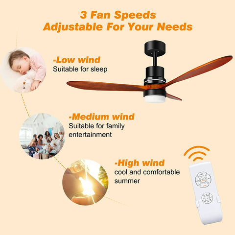 Diagram of 52 Inch Wood Ceiling Fan With Remote Control showcasing three adjustable speeds and benefits, for sleep and comfort.