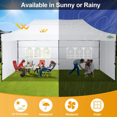 People enjoying time under a 10x20 Foot Pop Up Canopy Tent With 6 Sidewalls Heavy Duty Waterproof Commercial Gazebo in a backyard