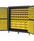 Kickass Heavy Duty Gray Steel Storage Cabinet Featuring Two Sixty Four Vibrant Yellow Parts Drawers, open view showcasing organized bins.